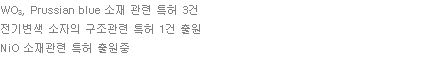 WO3, Prussian blue 소재 관련 특허 3건 전기변색 소자의 구조관련 특허 1건 출원 NiO 소재관련 특허 출원중