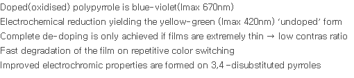 Doped(oxidised) polypyrrole is blue-violet(lmax 670nm) Electrochemical reduction yielding the yellow-green (lmax 420nm) ‘undoped’ form Complete de-doping is only achieved if films are extremely thin → low contras ratio Fast degradation of the film on repetitive color switching Improved electrochromic properties are formed on 3,4 –disubstituted pyrroles 